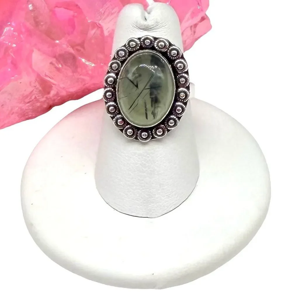 Moss Prehnite Ring Size 6.5 925 Sterling Silver Overlay Natural Stone Green
